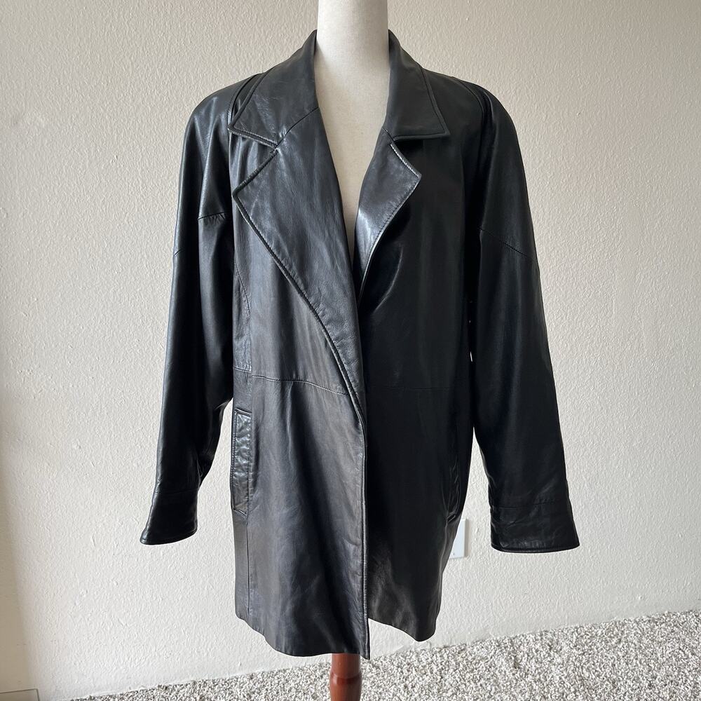 Vintage Wilsons Leather Trench Coat Jacket Mens M Black Lined Long Duster Biker